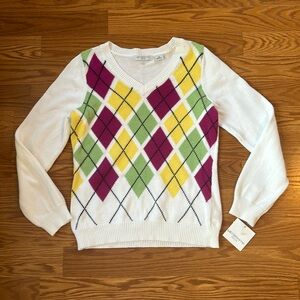 NWT Liz Claiborne Pink Yellow Green Argyle V-Neck Sweater Size Petite Medium